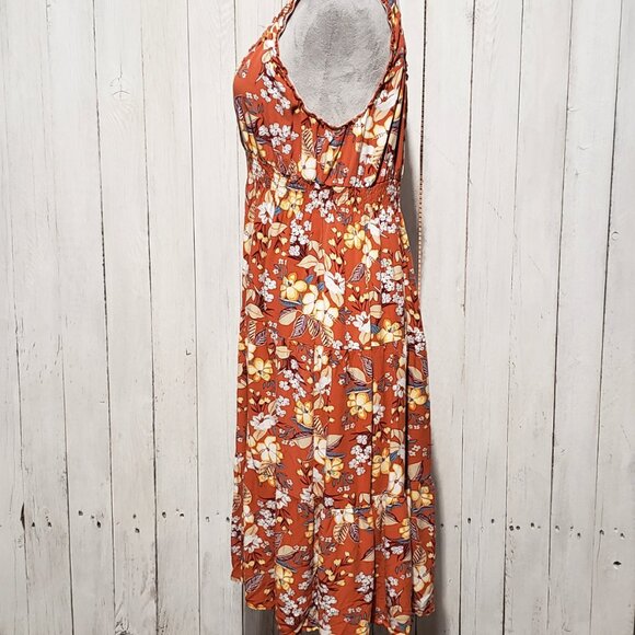 Lapis Dress L Orange Floral Sleeveless Cottage Prairie Tomato Bloom Earthy Mod - Picture 3 of 6